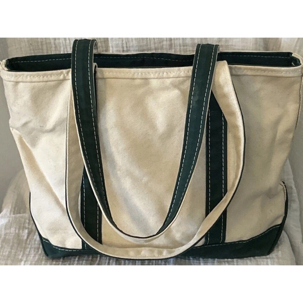 Vintage 1990's LL BEAN Boat & Tote Canvas Bag Green Trim Zipper  17"x 12"x 6"